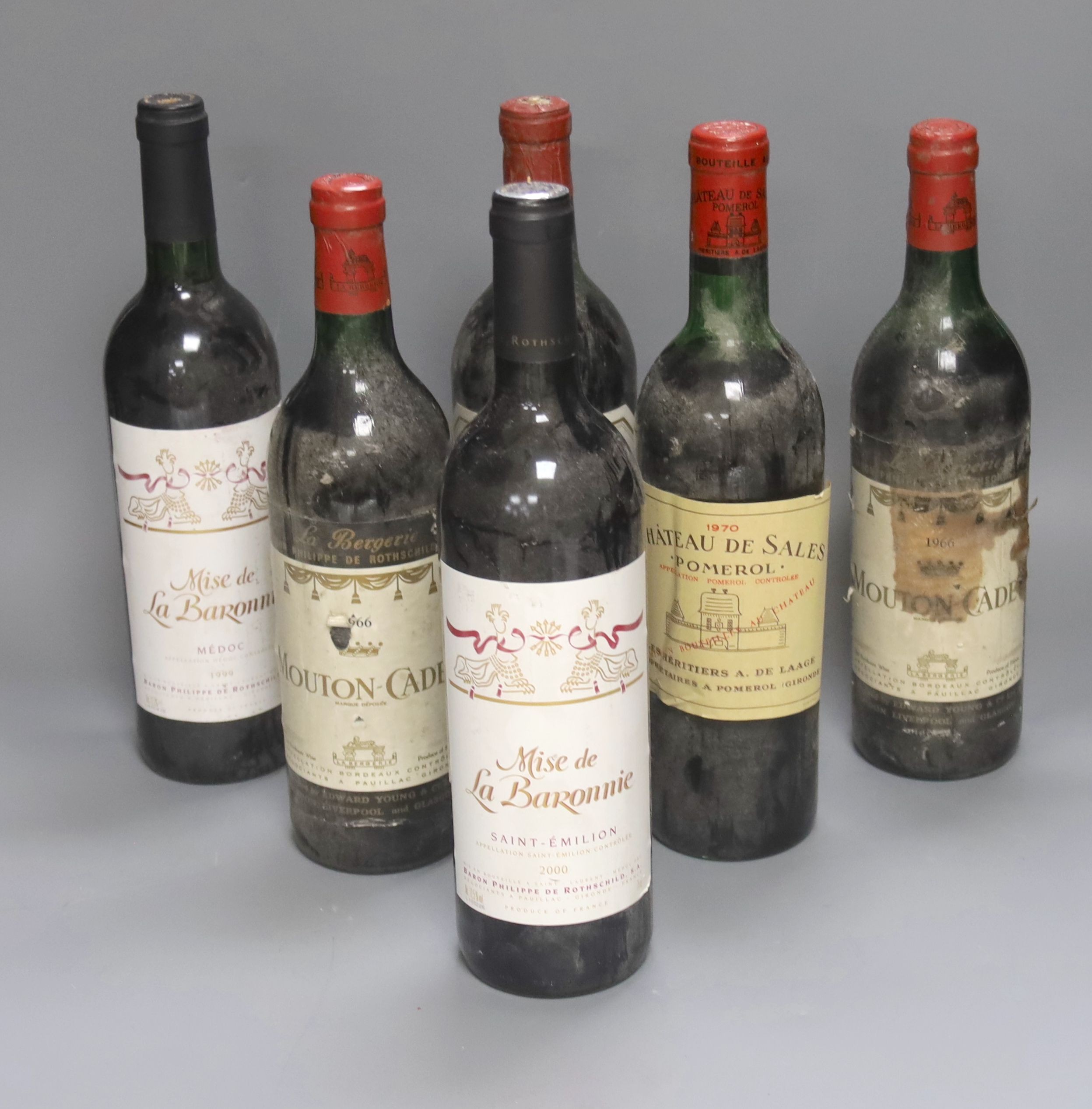 Six Bordeaux wines including Mise de La Baronnie, 1999 & 2000, two Mouton Cadet 1966, one Chateau de Sales, Pomerol, 1970 and one Malleret, 1962
